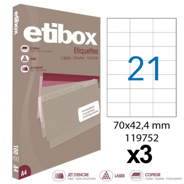 photo-Lot de 3 boites de 2100 étiquettes - Format 70x42.4mm - Etibox - Apli 119752