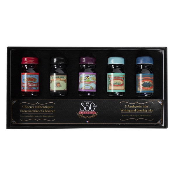 photo-Encre pour calligraphie - 5 flacons - Assortiment de couleur - Herbin - Spécial 350 ans