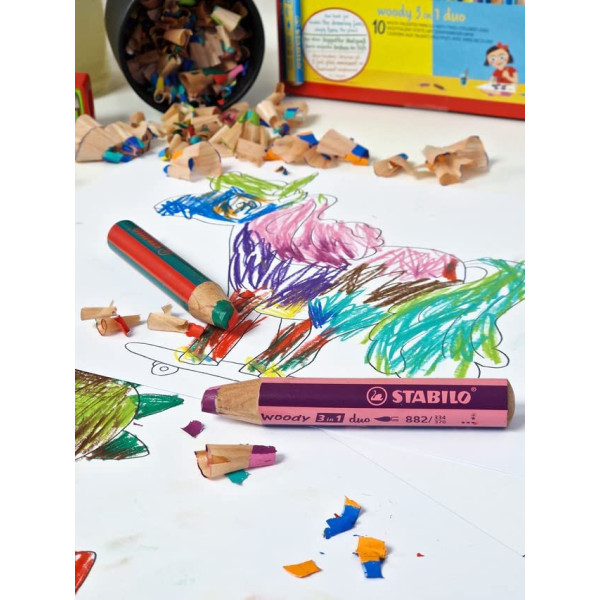 Etui carton de 5 crayons de couleur STABILO woody 3 in 1 mine bicolore + 1 taille-crayon
