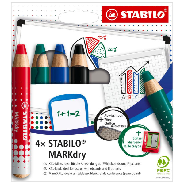 photo-Etui carton de 4 crayons marqueur STABILOMARKdry + 1 taille-crayon + 1 chiffonnette