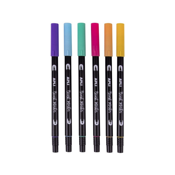 Feutres - Double pointe pinceau et ronde - Aquarellable - 6 couleurs pastels - Brush marker - APLI