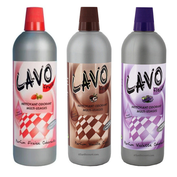 photo-3 bidons de nettoyant Odorant Multi-Usages Fraise - Vanille coco - Violette 1L - Lavo Fruit