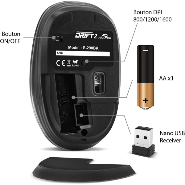 Souris d'ordinateur - Sans fil - Noir - Droitier - Gaucher - Advance Drift2