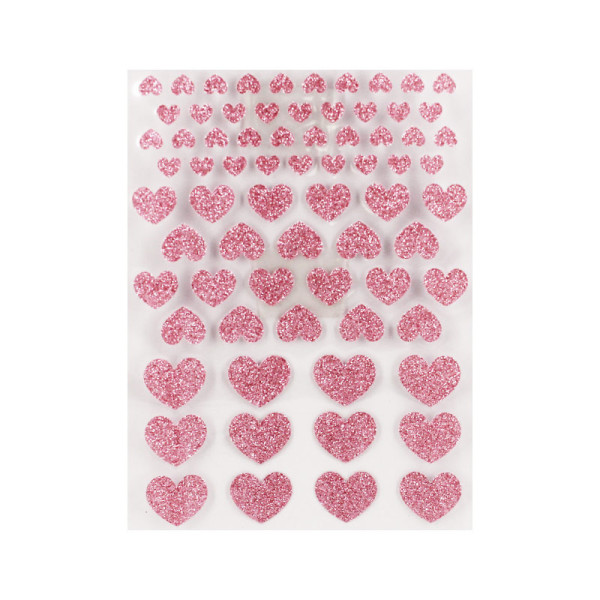 photo-Stickers - Paillettes - Cœurs rose - Plusieurs tailles - 72 unités