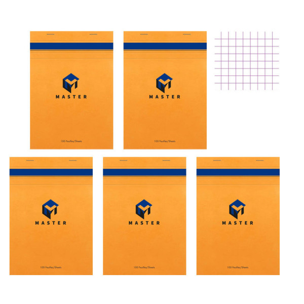 photo-Lot de 5 blocs notes - A5 - Petits Carreaux - 100 feuilles - Master