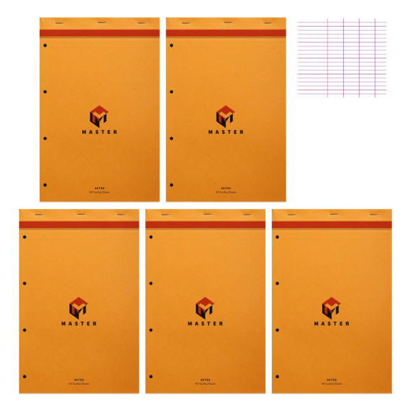 photo-Lot de 5 blocs notes - A4 + - 21x 31,8cm - Grands Carreaux - 80 feuilles - Master