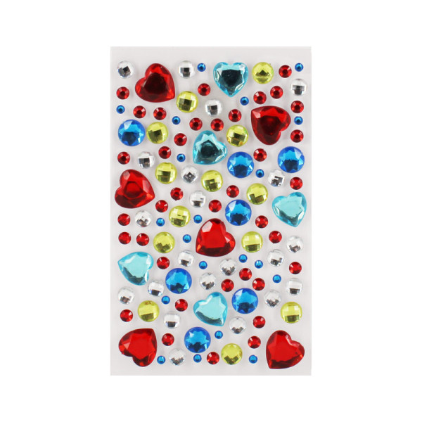 photo-Stickers - Strass adhésifs - Forme cœur - Couleur vives - 109 unités