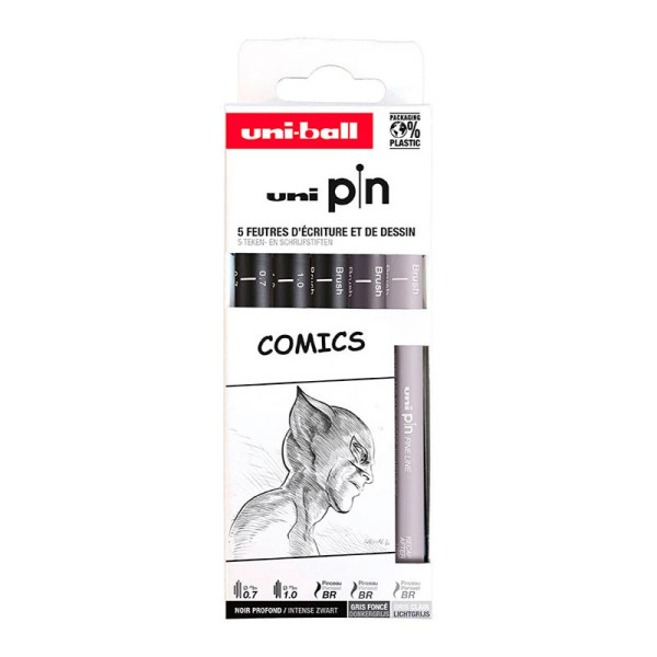 photo-5 feutres écriture et dessin - Pour comics - Noir - Gris foncé - Gris clair - Uni-Ball