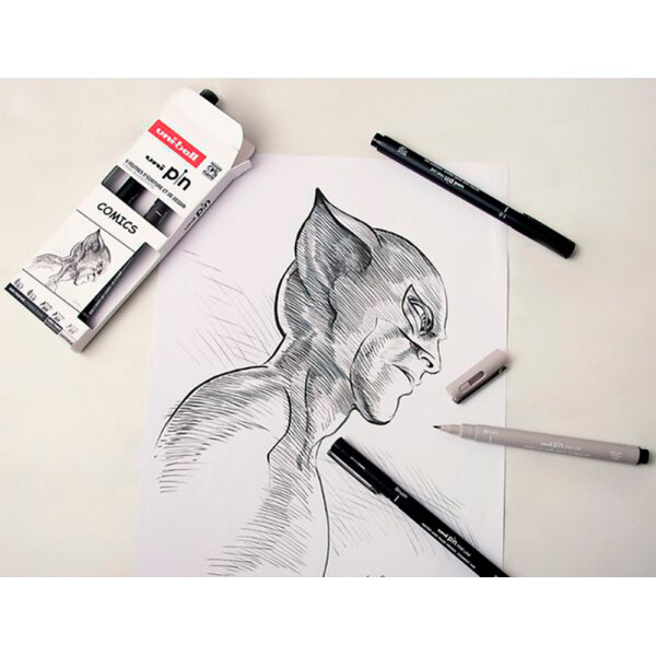 5 feutres écriture et dessin - Pour comics - Noir - Gris foncé - Gris clair - Uni-Ball
