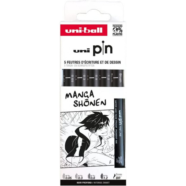 photo-5 feutres écriture et dessin - Pour le manga Shonen - Noir - Assortiment de pointes