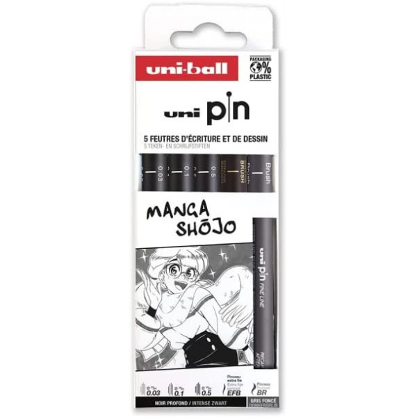 photo-5 feutres écriture et dessin - Pour le manga Shojo - Noir - Gris - Uni Pin