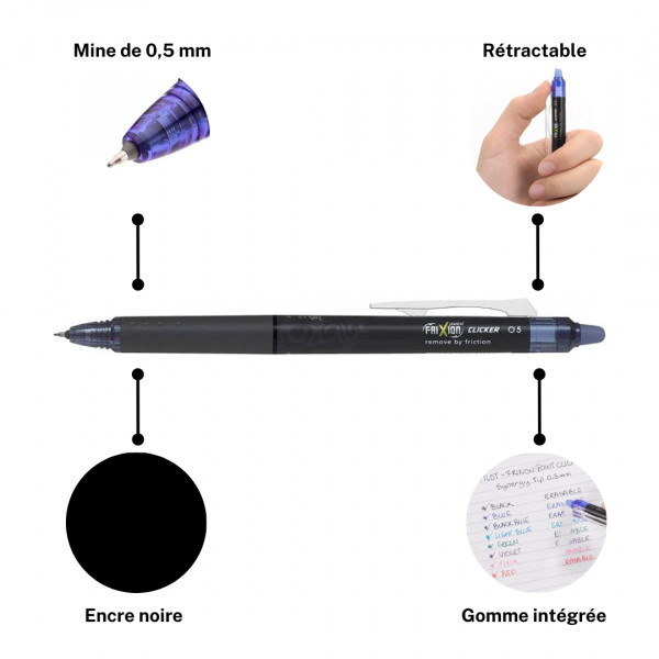 Stylo FriXion Pilot Point Clicker - Noir - Rétractable - Pointe fine 0,5 mm