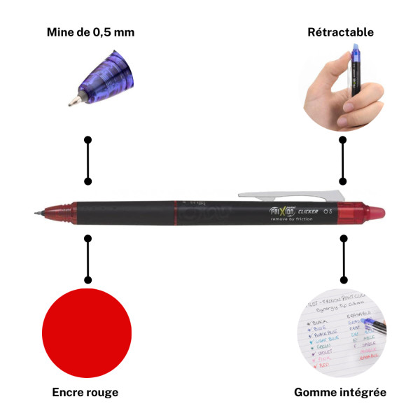 Stylo FriXion Pilot Point Clicker - Rouge - Rétractable - Pointe fine 0,5 mm