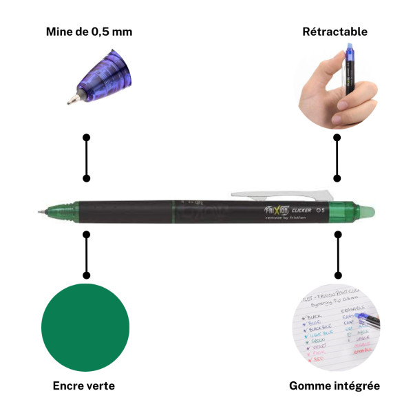Stylo FriXion Pilot Point Clicker - Vert - Rétractable - Pointe fine 0,5 mm