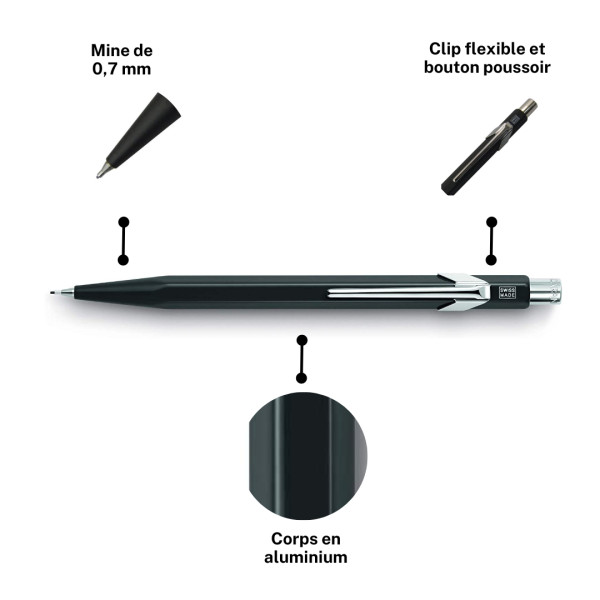 Porte-mines - Métal - Noir - Mine de 0,7mm - Rechargeable - Caran d'Ache 849