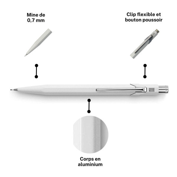 Porte-mines - Métal - Blanc - Mine de 0,7mm - Rechargeable - Caran d'Ache 849