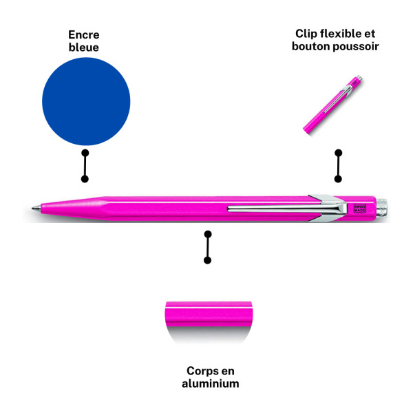 Stylo à bille - Rose fluo - Métal - Encre bleue - Pointe moyenne - Caran d'Ache - 849