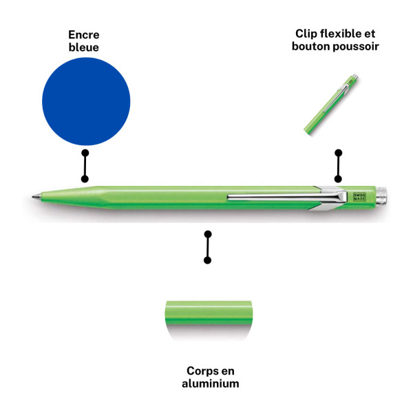 Stylo à bille - Vert fluo - Métal - Encre bleue - Pointe moyenne - Caran d'Ache - 849