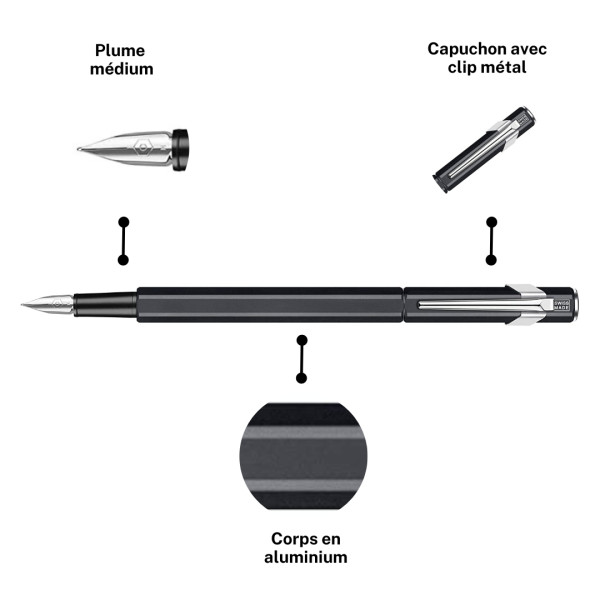 Stylo plume - Noir - Métal - Plume moyenne - Rechargeable - Caran d'Ache - 849