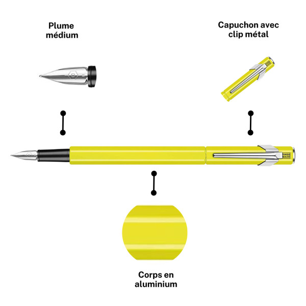 Stylo plume - Jaune fluo - Métal - Plume moyenne - Rechargeable - Caran d'Ache - 849