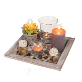 Décoration de table - Plateau bois - Bougies - Pierres - Ambiance cosy