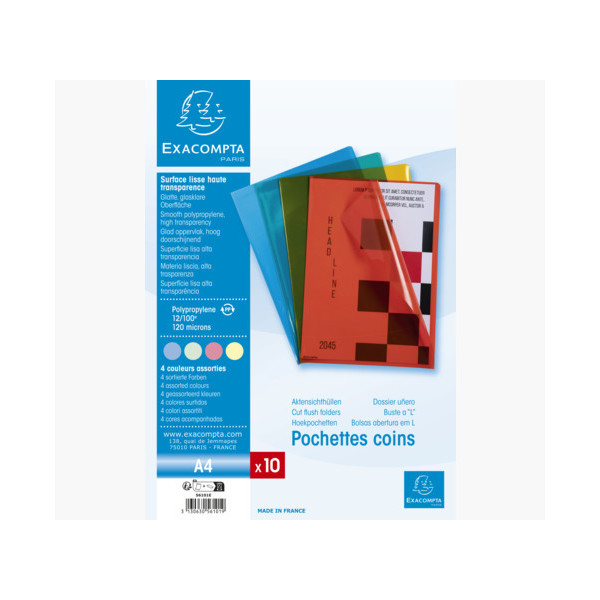 Pochettes coins - A4 - Couleurs assorties - Pour classer documents A4 - 10 unités