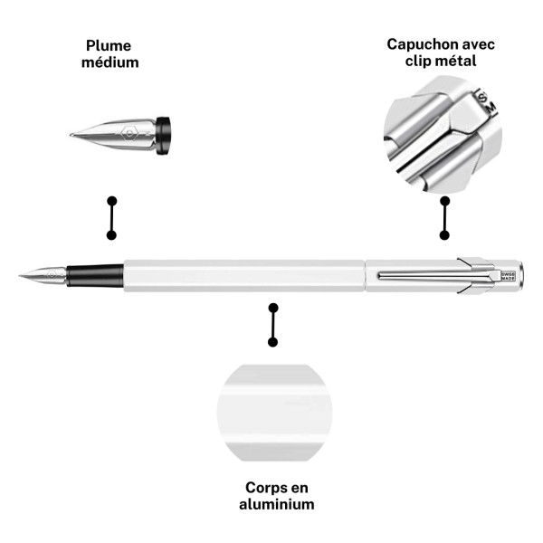 Stylo plume - Blanc - Métal - Plume moyenne - Rechargeable - Caran d'Ache - 849