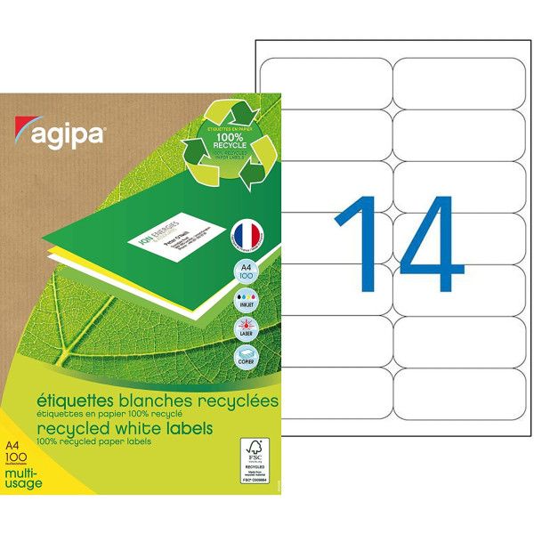 Boîte de 1400 étiquettes - Format 99,1 x 38,1mm - Papier 100% recyclé - 101196 - Agipa