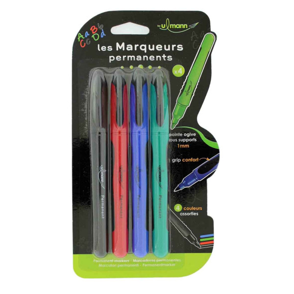 4 marqueurs permanents - Pointe ogive 1mm - Grip ergonomique - 4 couleurs - By Ulmann