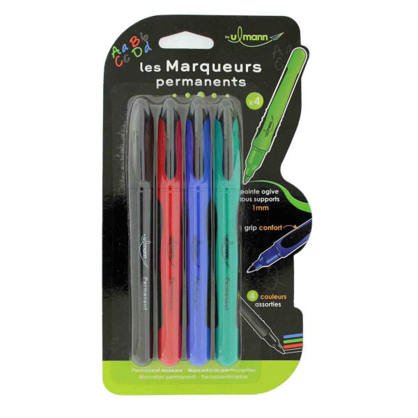 4 Marqueurs Permanent Pointe Ogive 1Mm Grip Ergonomique 4 Couleurs By Ulmann | Artmania