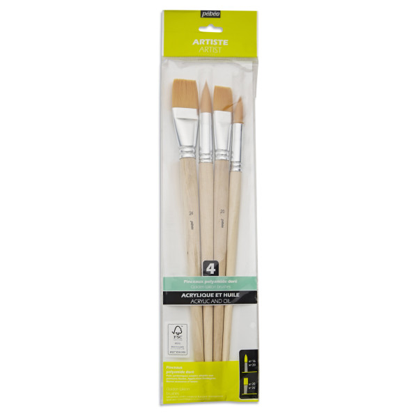 4 pinceaux - Plat - Rond - Acrylique et huile - Fibres synthétiques - Manche long - Pébéo