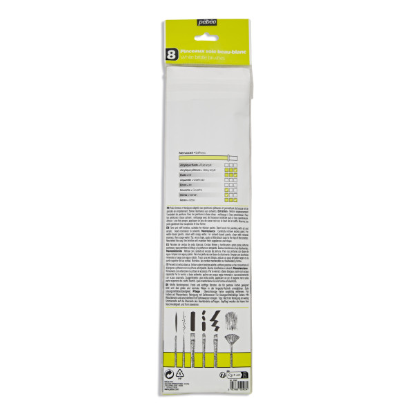 8 pinceaux - Plat - Rond - Acrylique et huile - Fibres soie beau-blanc - Manche long - Pébéo