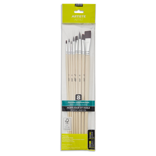 8 pinceaux - Plat - Rond - Acrylique et huile - Fibres synthétiques - Manche long - Pébéo