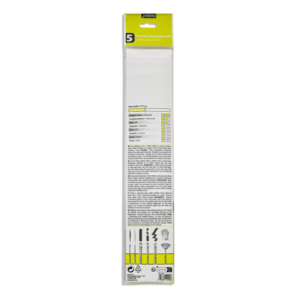 5 pinceaux - Plat - Rond - Eventail - Acrylique et huile - Manche long - Pébéo