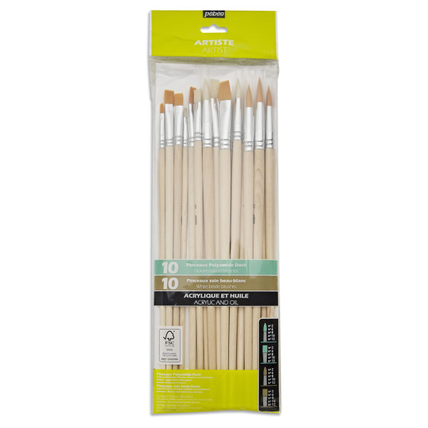 20 pinceaux - Plat - Rond - Acrylique et huile - Manche long - Fibres naturelles et synthétiques - Pébéo