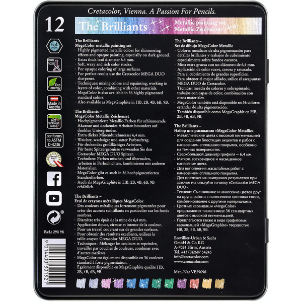 12 crayons de couleur - Couleurs métalliques - Beaux-arts - Boîte métal - Cretacolor