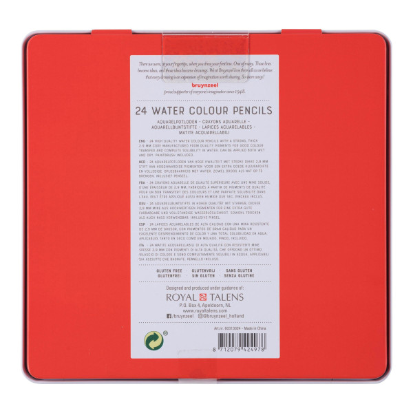 24 crayons de couleur - Aquarelle - Boîte métal - Assortiment couleur - Bruynzeel