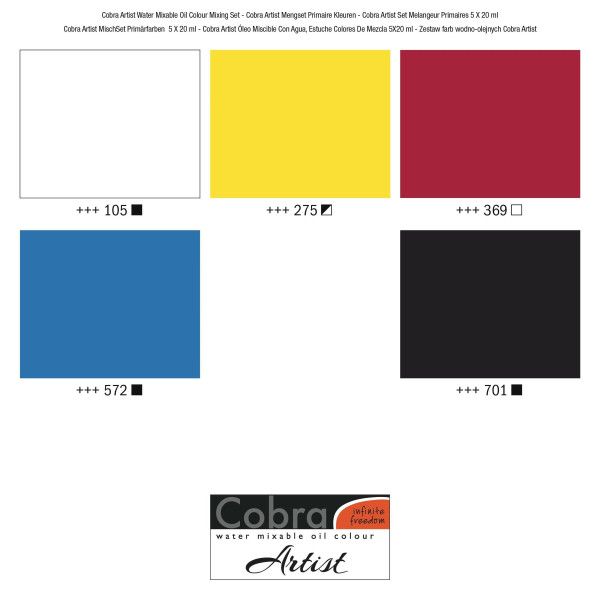 5 tubes de peinture à l'huile - Couleurs primaires - Diluable à l'eau - Cobra
