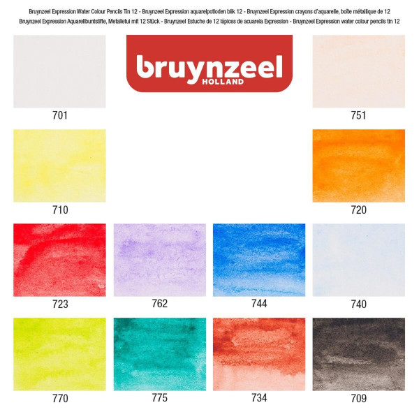 12 crayons de couleur - Aquarelle - Boîte métal - Assortiment couleur - Bruynzeel
