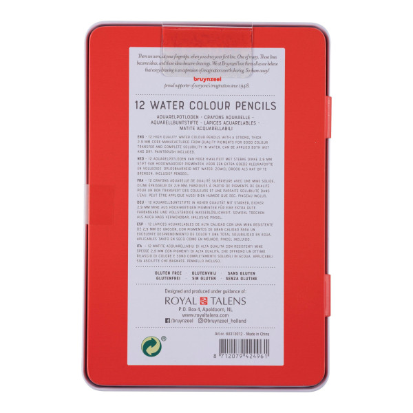 12 crayons de couleur - Aquarelle - Boîte métal - Assortiment couleur - Bruynzeel