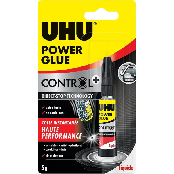 Colle extra forte - Tous supports - Transparente - UHU Power Glue - Tube de 5g