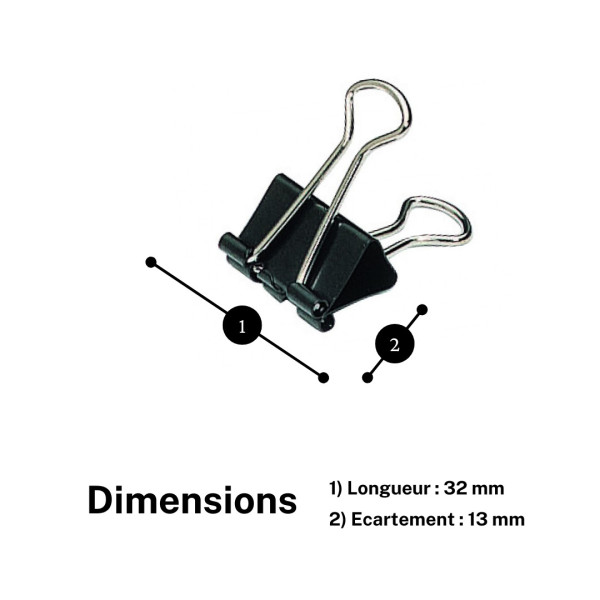 Boîte de 12 pinces à clips - 32mm - Noir - Métal
