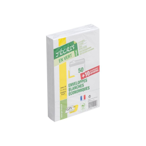 50 enveloppes blanches + 20% gratuit - C6 - 114x162 mm - 80g - GPV