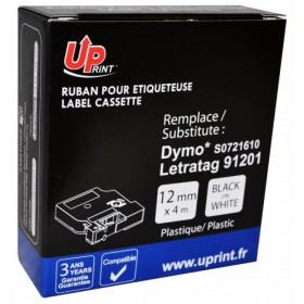 Ruban compatible pour Dymo Letratag 12mmX4m plastifié noir sur blanc