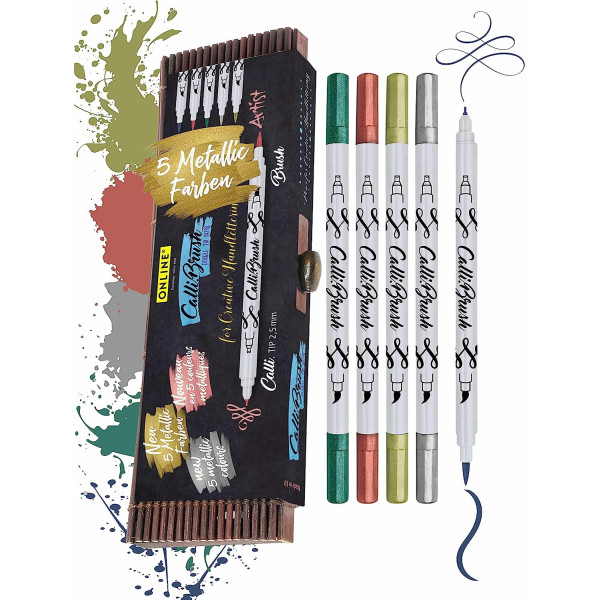 photo-Feutres - Double pointe - Calligraphie - 5 couleurs métalliques - Boîte en bambou - ONLINE - Calli.Brush