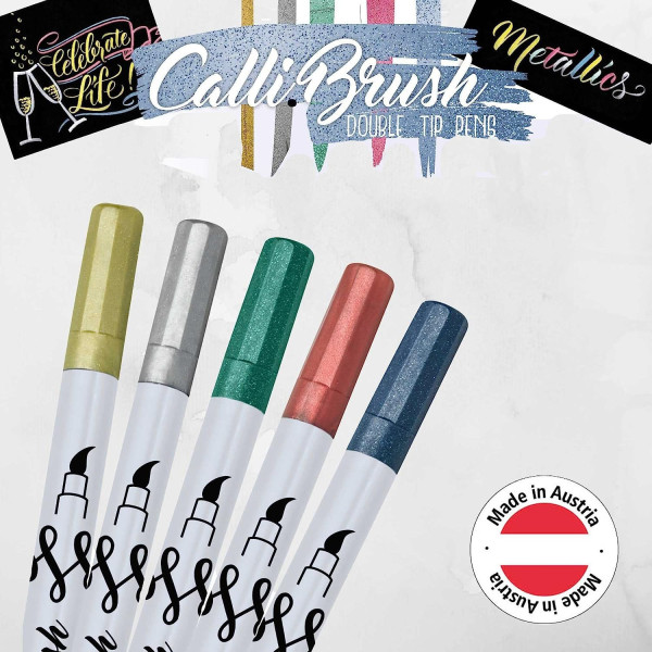Feutres - Double pointe - Calligraphie - 5 couleurs métalliques - Boîte en bambou - ONLINE - Calli.Brush