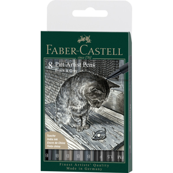photo-Feutres à dessin - Faber-Castell - Pitt Artist Pen - Noir - Gris - Pochette de 8