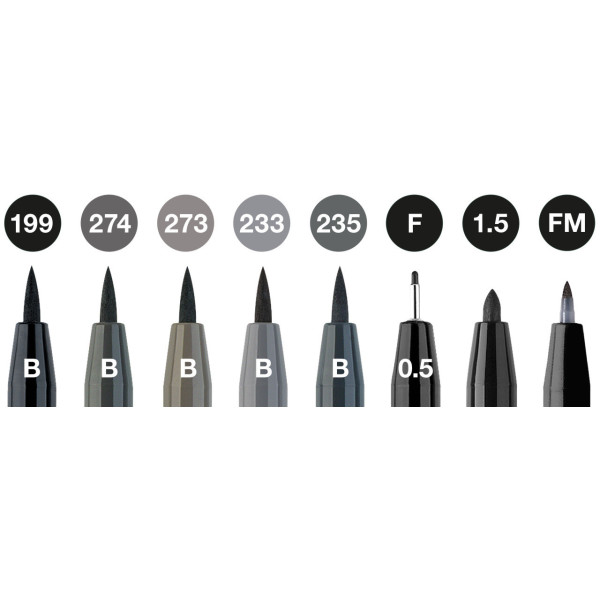 Feutres à dessin - Faber-Castell - Pitt Artist Pen - Noir - Gris - Pochette de 8