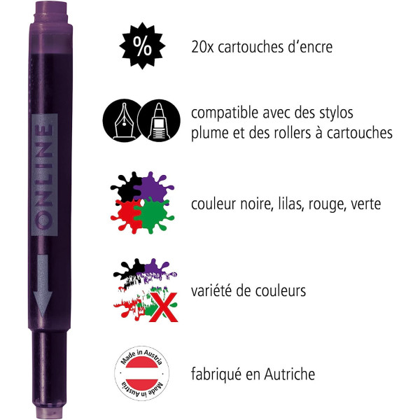 Cartouches d'encre - Longue - Pour stylo plume et roller - Noir - Rouge - Vert - Violet
