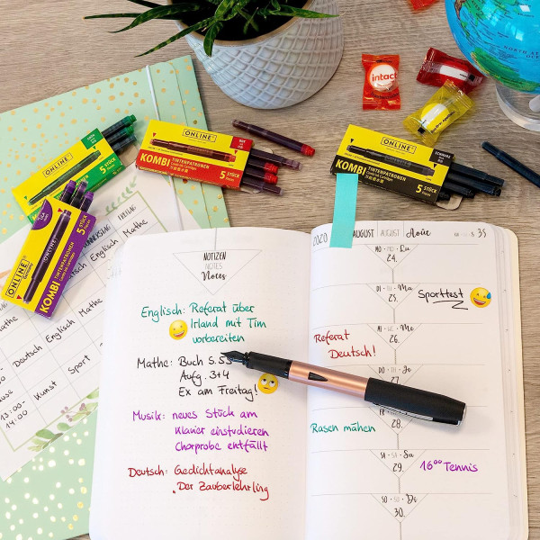 Cartouches d'encre - Longue - Pour stylo plume et roller - Noir - Rouge - Vert - Violet